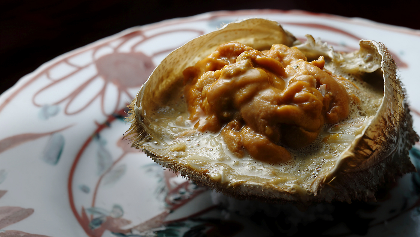 Shell Bake of Horsehair Crab,  Kamo Eggplant, and Sea Urchin