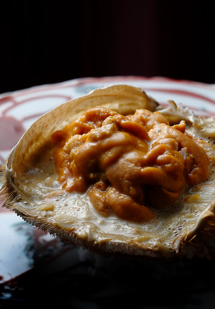 Shell Bake of Horsehair Crab,  Kamo Eggplant, and Sea Urchin